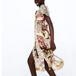 NWOT ZARA Floral Mix Print Slit Button Down Midi Dress Size XS Cottagecore